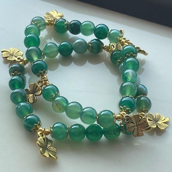 Green dyed agate 4 leaf clover ONE stretch bracelet NEW beaded reiki meditation - Picture 13 of 13